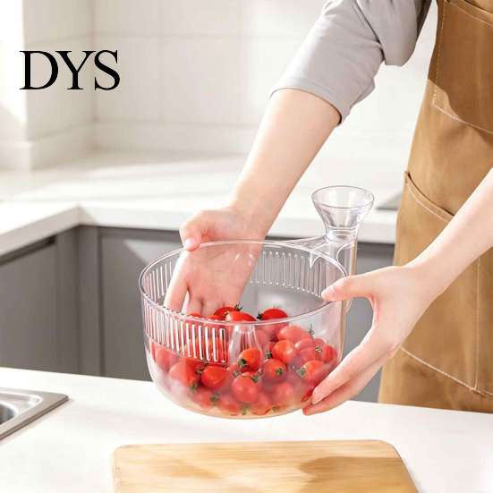 Kitchen Counter Organizer Clear Self Rinsing Berry Washing Bowl, Side Drain Spout And Spiral Convex Modern Fruit Storage Cleaning Container,