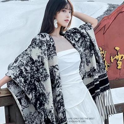 Landscape Painting Imitation Cashmere Shawl Women's Autumn and Winter Thickened Fringed Cape Travel Warm Scarf