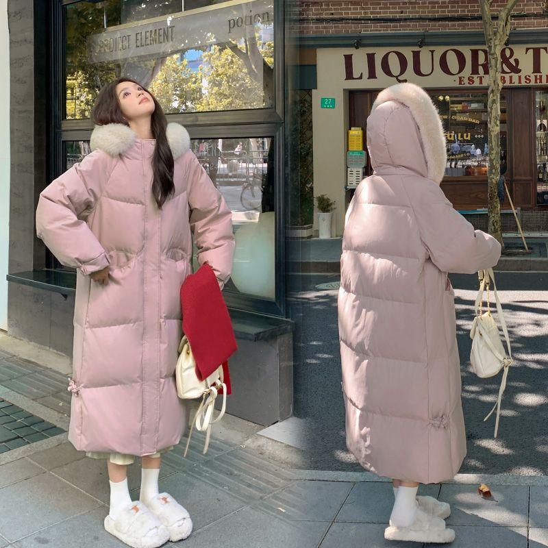 

Large fur collar medium and long down cotton-padded clothes women s new loose cotton-padded clothes winter thickened knee-padded jacket S розовый