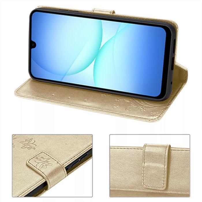 Coque de Protection - BOOLING - Samsung Galaxy A17 4G/5G - Cuir PU Floral Doré - 2 Verres Trempés