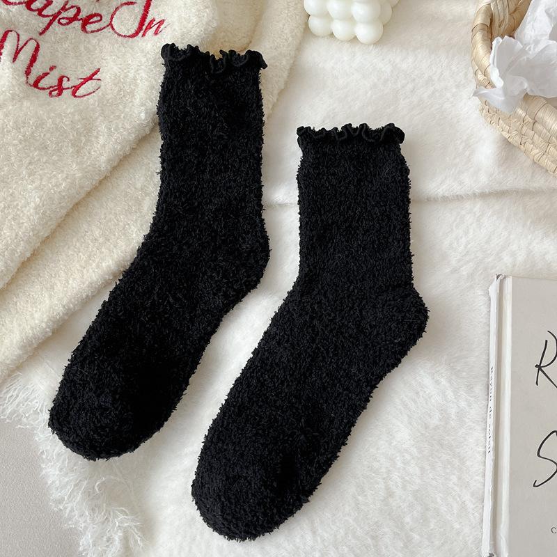 Fungus Edge Coral Fleece Socks Women'S Winter Warm Feet Thickened Warm Medium Tube Home Floor Socks Lace Solid Color Women'S Socks