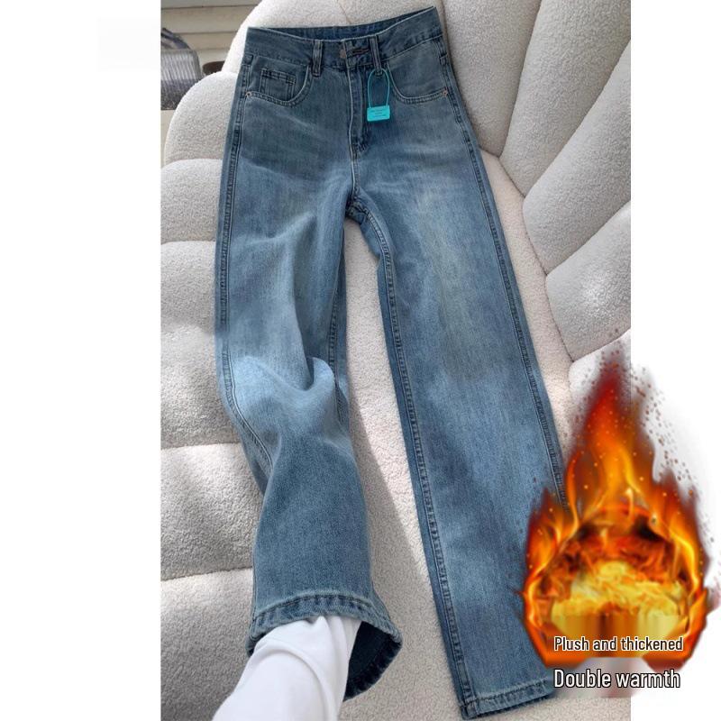 Plus Size Velvet Lined High Waist Wide Leg Denim Pants for Women