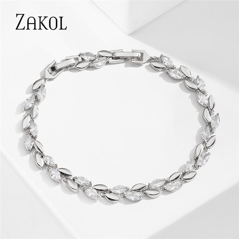 ZAKOL Trendy Charm Marquise Cut Cubic Zirconia Bracelets For Women CZ Leaf Bridal Wedding Party Jewelry Gift BP2252