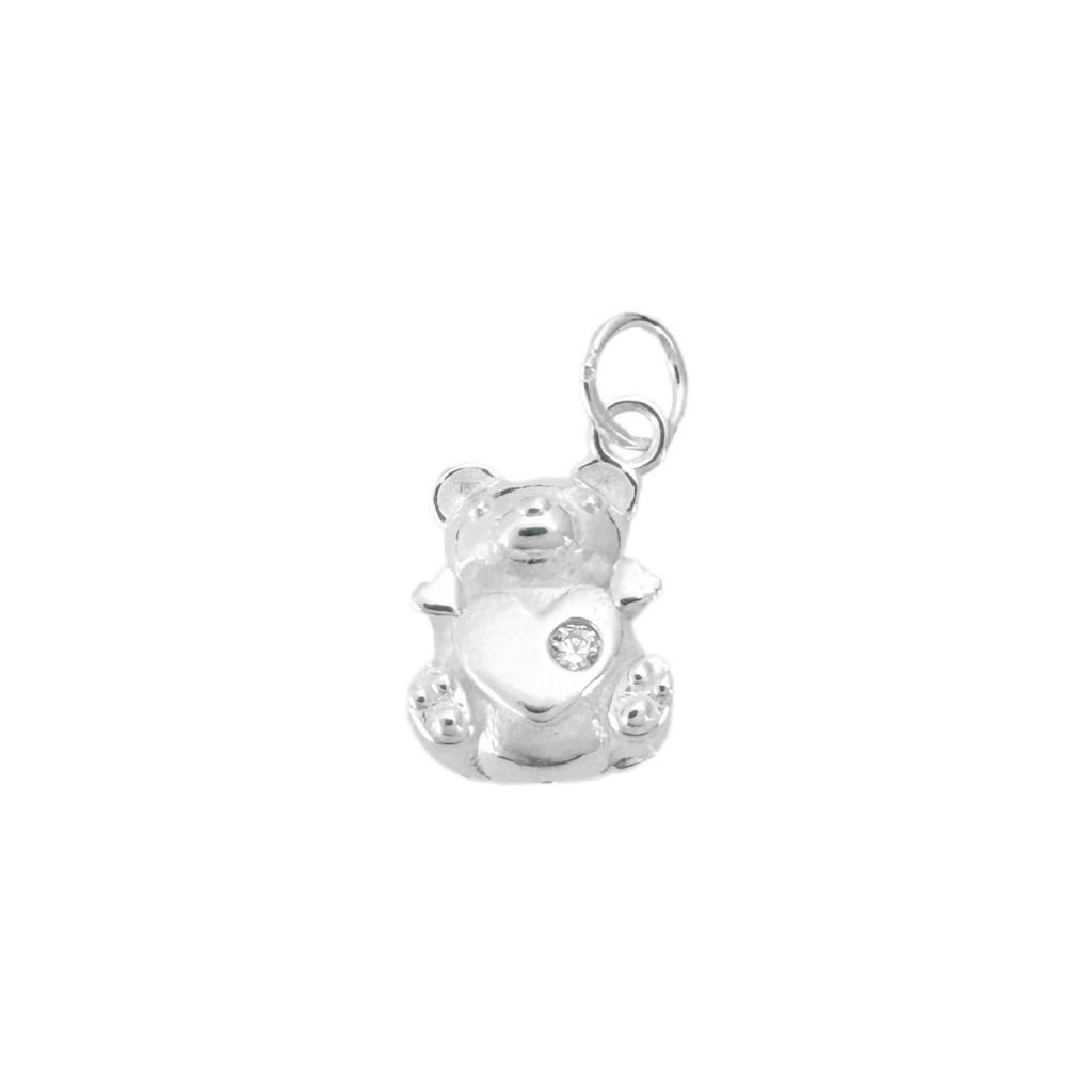 S999 Sterling Silver 3D Heart Bear Pendant with Zircon for DIY Crystal Bracelet or Necklace Beading.