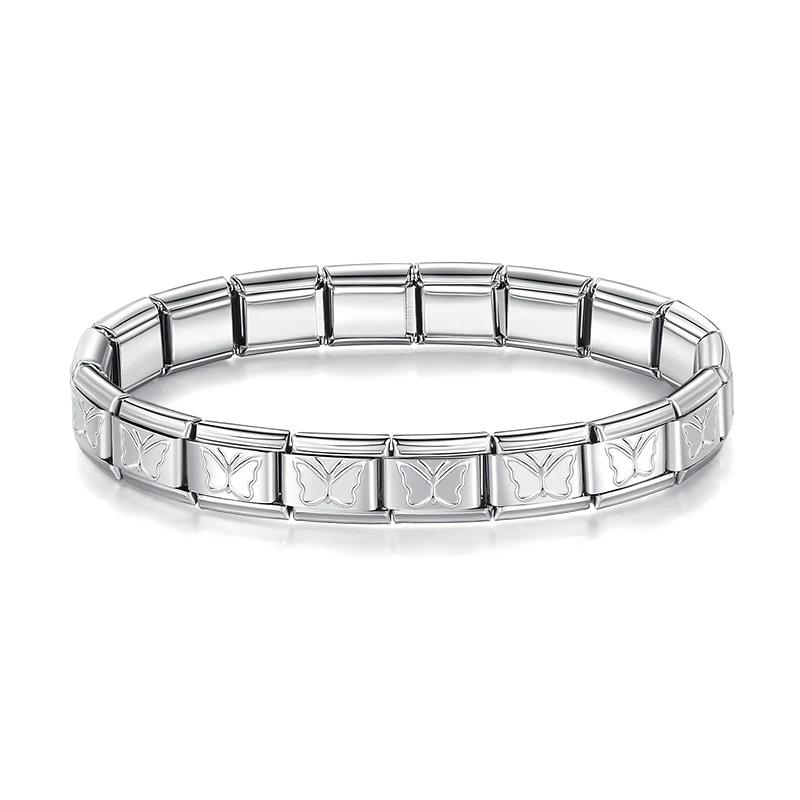 Neue Mode Damen Mann Italienischer Charm Herz Blume Schmetterling Kreuz Delfine Edelstahl Elastisches Armband Gliederarmreif