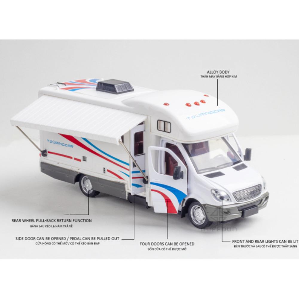 1/32 Alloy Diecast Touring Car Model Toys 3 Doors Opened Sound Light Campervan RV Trailer Vehicles Childrens Toy Gift Collection