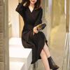 Women's Black Long Sleeve Knitted Wool Dress with Coat, Mid-Length, Over Knee, 2024 Autumn/Winter.