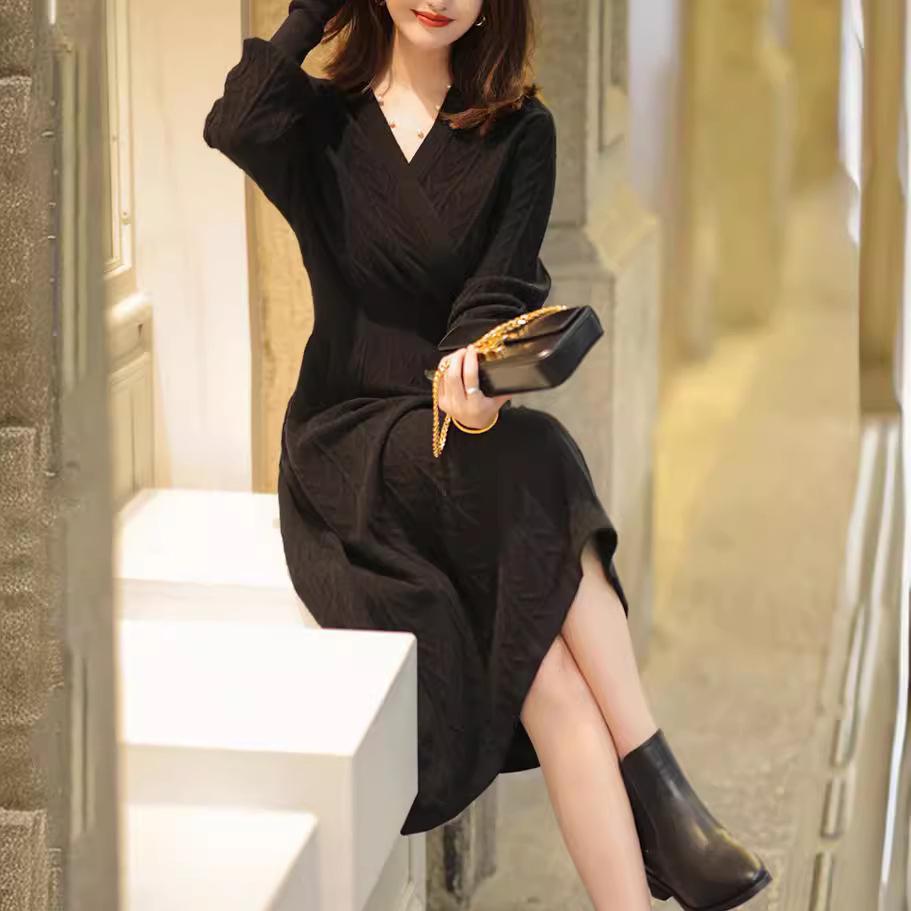 Women's Black Long Sleeve Knitted Wool Dress with Coat, Mid-Length, Over Knee, 2024 Autumn/Winter.