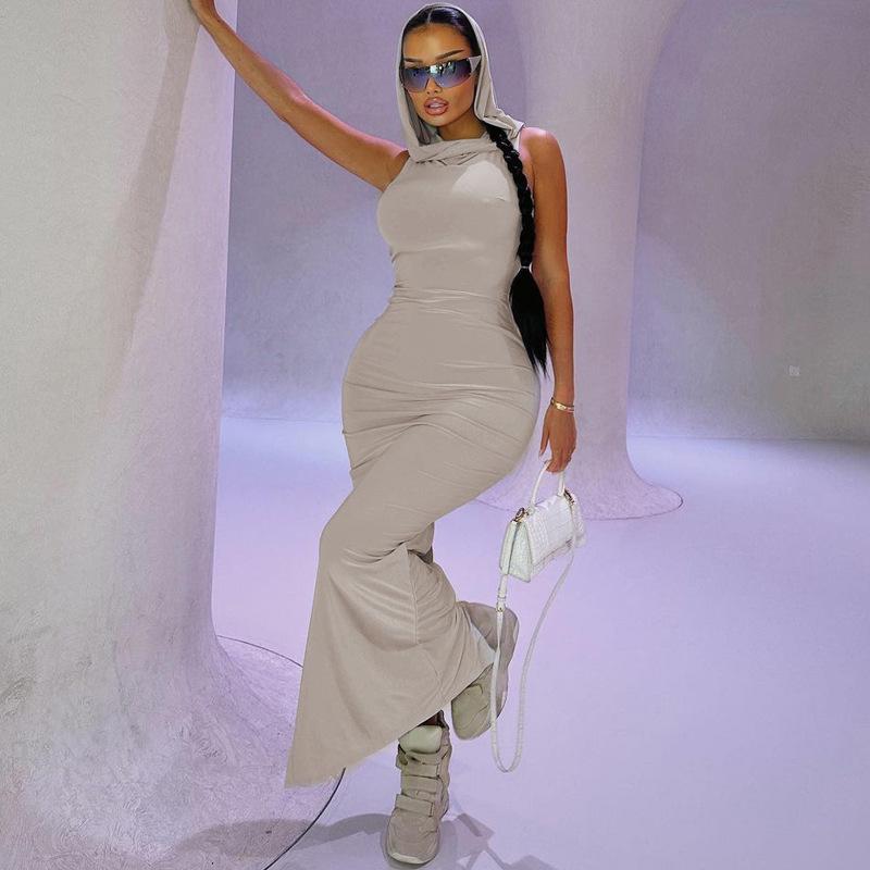 European & American Style 2023 Summer Women's Solid Color Hooded Sleeveless Slit Dress