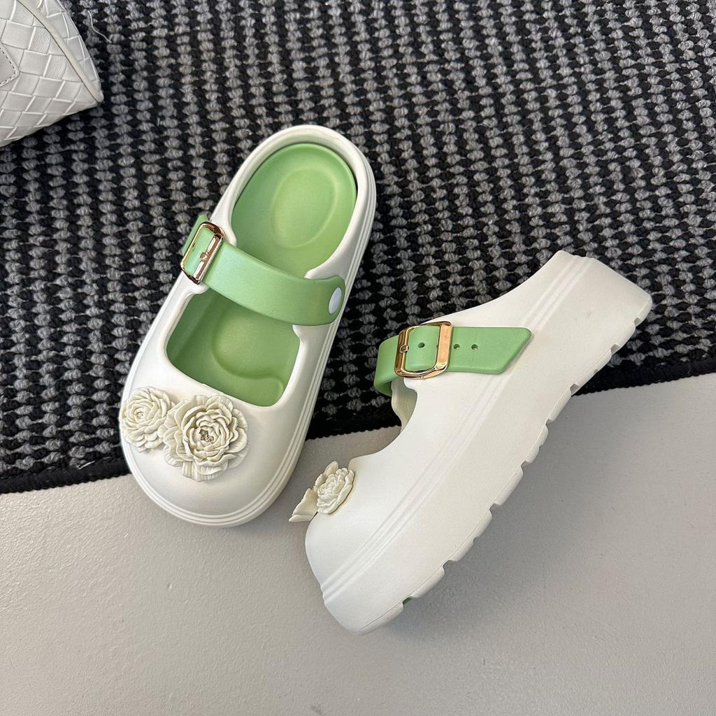 Thick-soled versatile height-increasing sandals women's 2025 summer and autumn new flower casual light-mouth buckle Mary Jane bag head slippers