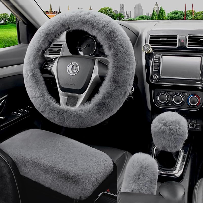 Dotesy 4 Pcs/Set Fluffy Faux Wool Car Steering Wheel Cover & Furry Auto Center Console & Gear Shift Knob & Handbrake Cover Universal Warm Winter