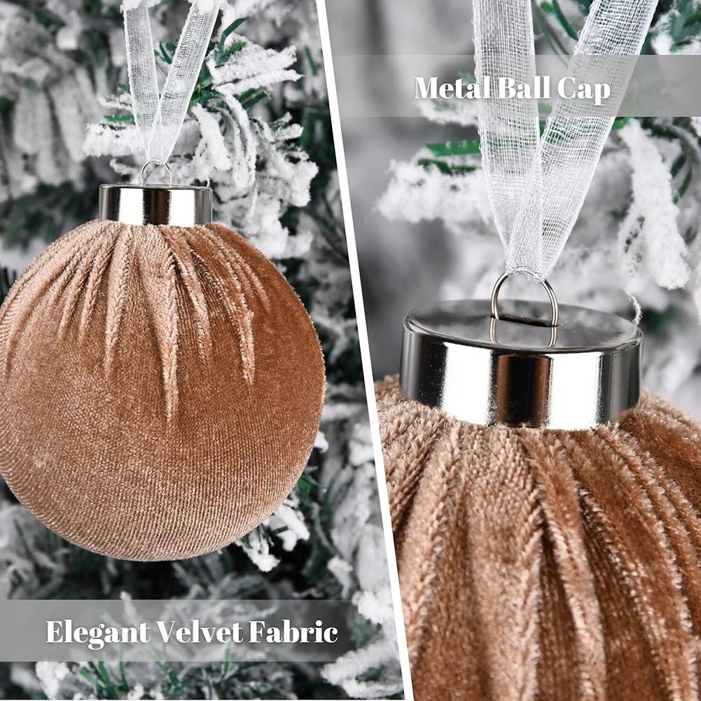 15 Shatterproof Brown Velvet Christmas Tree Ornaments with Silk Ribbon and Pleated Finish for Seasonal Holiday Decoration