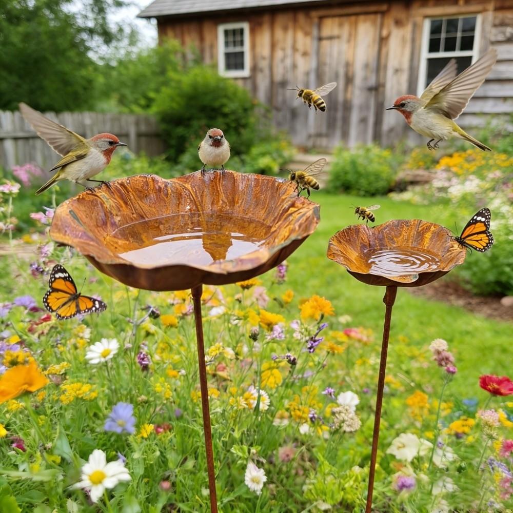 Flower Shape Metal Bird Bath Rusted Vintage Handcrafted Garden Birdbath Iron Art Rust-resistant Flower Garden Stake