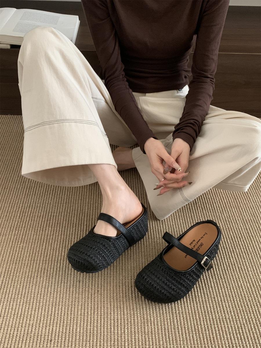 

Французские плетеные полые дышащие сумки, тапочки-половинки для женщин для улицы, летние, маленькие, с внутренней высотой 7 см, туфли Мэри Джейн 39 чёрный