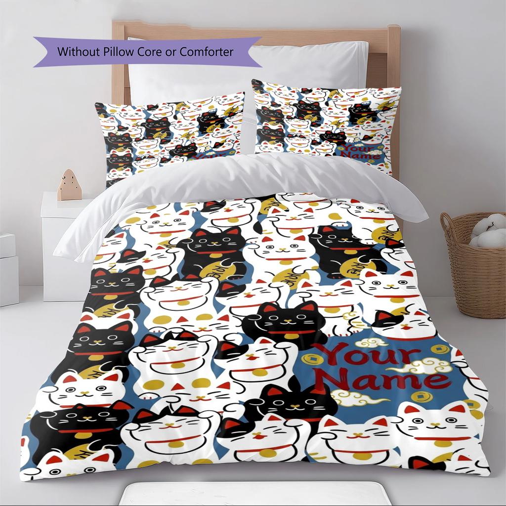 Name Custom Maneki-Neko Pattern Bedding Set Quilt Cover Pillowcase Home Decor Gift (1 * duvet cover + 2 * pillowcase, without core)