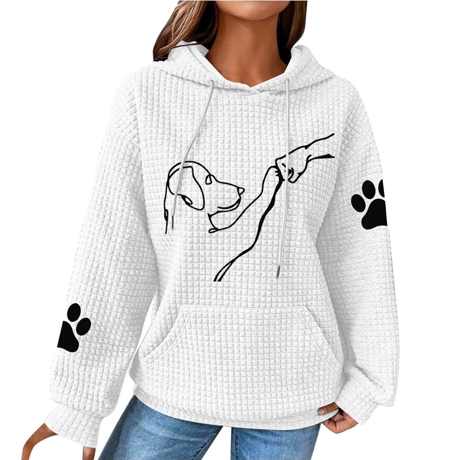 

Женская мода свободный джемпер с капюшоном и принтом собаки с длинным рукавом в клетку с капюшоном XL белый