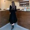 Hepburn Style Petite Black A-Line Dress with Puff Sleeves and Square Neck for Spring/Autumn