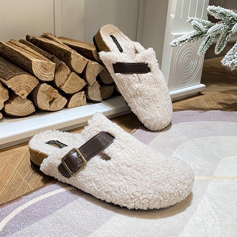 Yixinda 2025 Women s Retro Lambswool Birkenstock-Style Thick-Soled Closed-Toe Furry Slippers 43 кремовый/белый