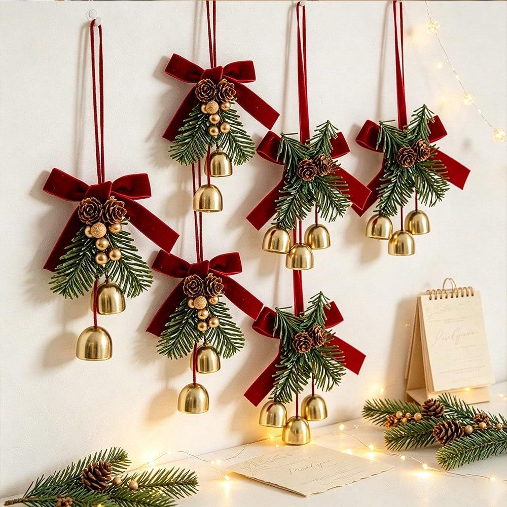 Christmas Bell Hanging Ornament Velvet Red Bow Pine Cone Pine Branch Pendant for Xmas Tree Window Door Holiday Party Decoration