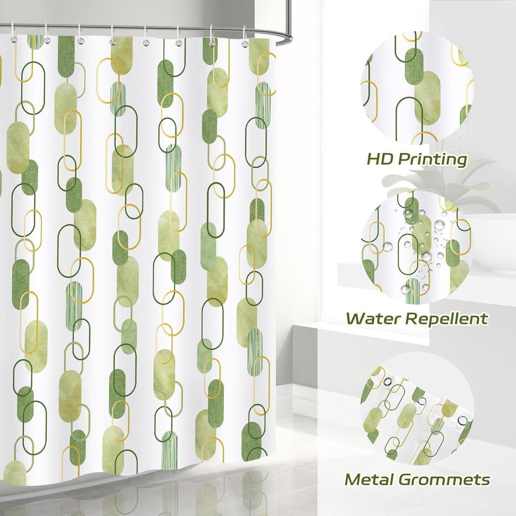 Geometric Sage Green Shower Curtain, Farmhouse Bathroom Shower Curtain Set, Art Print Bathroom Modern Decor Fabric with Hooks