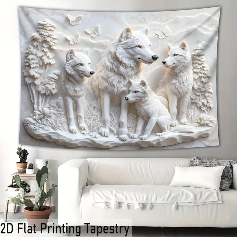 2D Marble Carved Wolf Family Background Cloth for Nature & Animal Lovers Room Decor