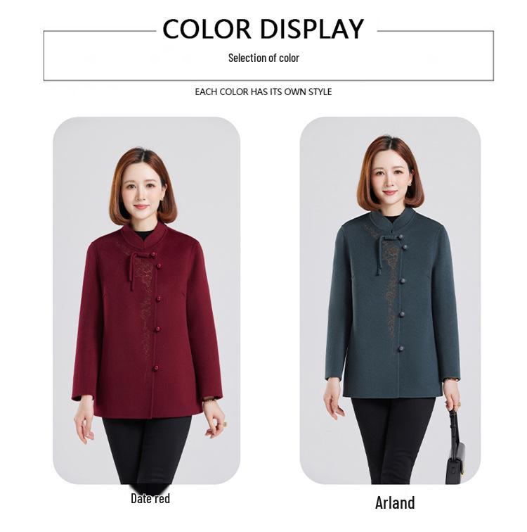 Damen Doppelseitiger Kaschmir-Wollmantel - Bestickt, Modische Kurze Jacke für Mittleren Alters & Ältere (Herbst Winter)