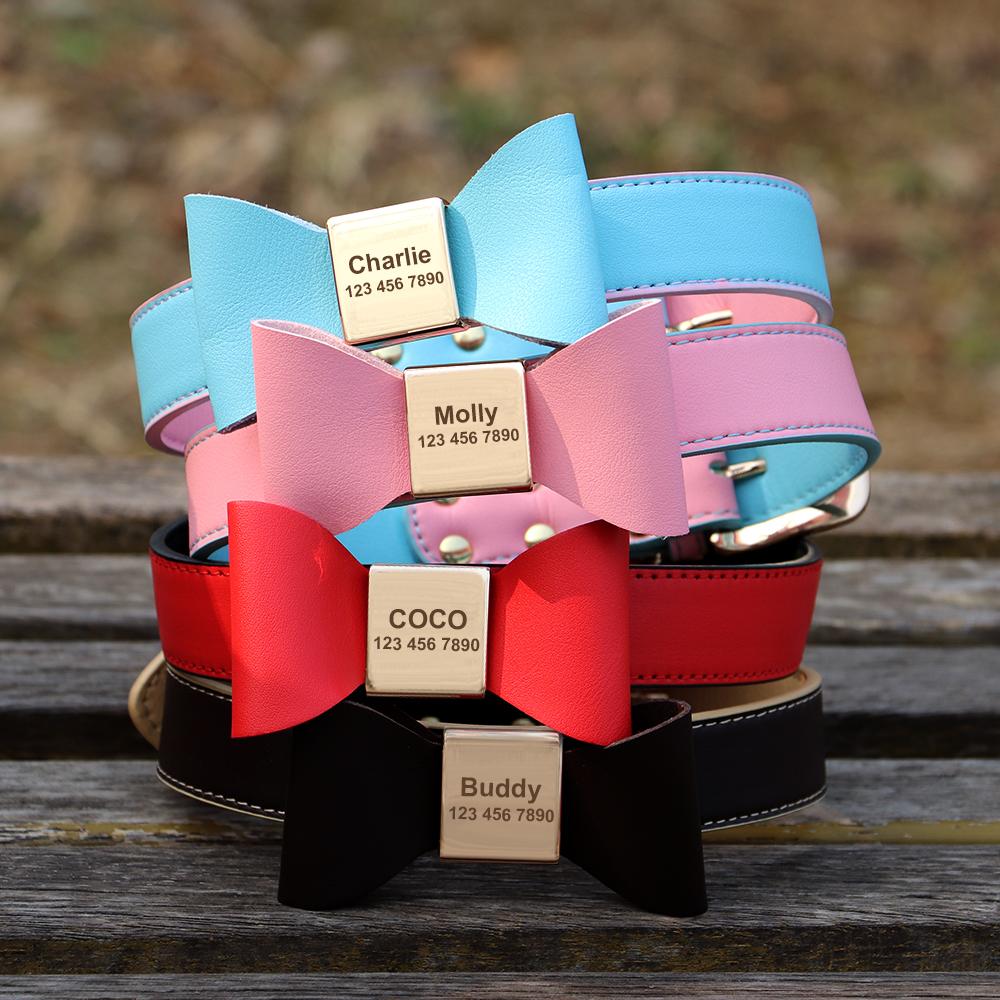 Custom PU Leather Dog Collar Soft Bowknot Pet Collars Engraved Name Puppy Cat Necklace Anti-lost for Small Medium Large Dogs Pug