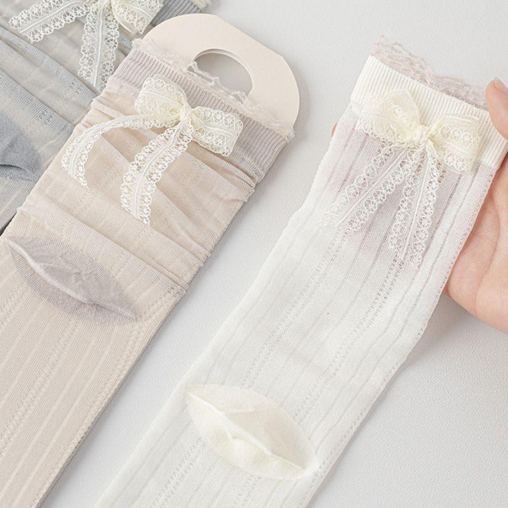 3Pairs Breathable Mid Tube Socks Ruffle Sweet Socks Women Fashion Mesh Bowknot Socks  Lady