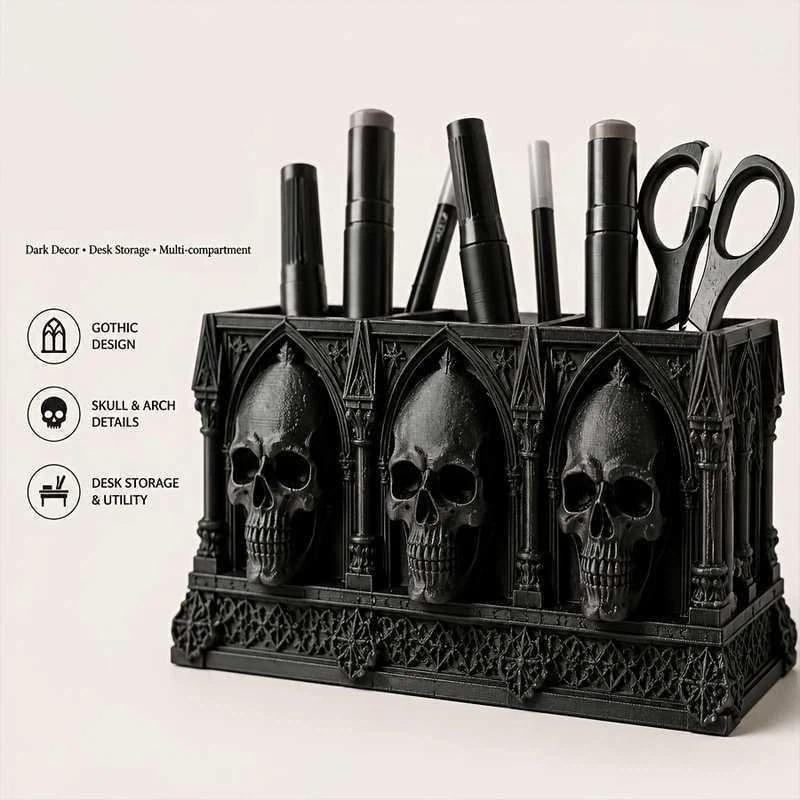 Skull Pen Holder Makeup Brush Holder 3D Printed Gothic Resin Bowl Planter Desktop Organizer Home Halloween Decor