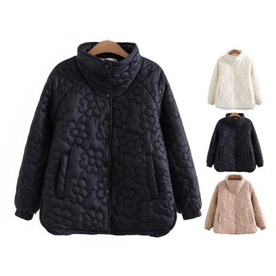 Women Floral Thermal Jacket Winter Plus Size Stand-up Collar Loose Thermal Jacket Light Padded Jacket