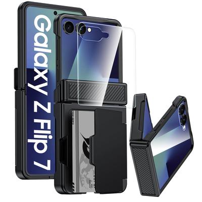 Pour Samsung Galaxy Z Flip 7 avec Porte-Cartes [Blocage RFID] & Protection de la Charnière & Protecteur d'Écran HD, Coque de Téléphone Robuste Anti-Rayures - Noir