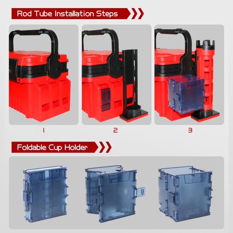 Fishing Box Travel Fishing Case Box with Bottle Holder Rod Stands Tubes Sturdy ABS plastic Fishing Box w/ Self locking system