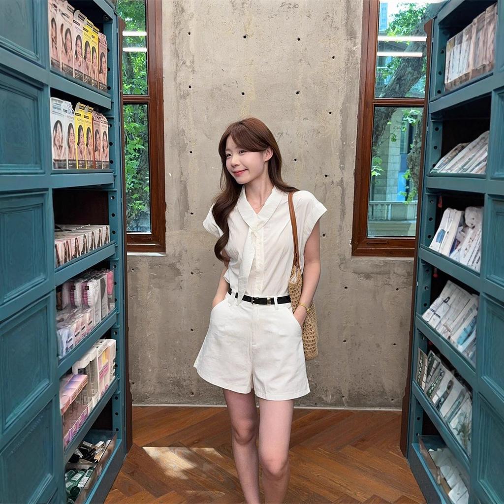 French Polo Collar Streamer Design Sense White Shirt Women's Summer Niche Temperament Shirt Thin Sleeveless Chic Top