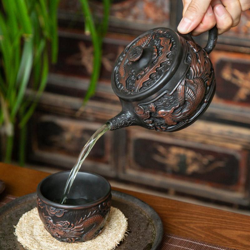Purple Pottery Vintage Handmad Teapot Ceramic Carve Kung Fu Teapot Single Teapot Pu'er Tea Making Tea Sets Chinese Tea Pot