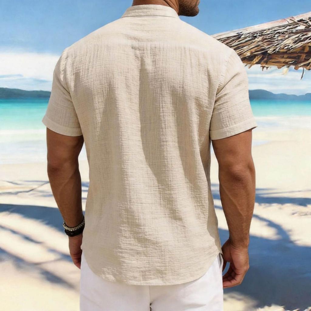 Camisa de manga corta transpirable con cuello mao para hombre
