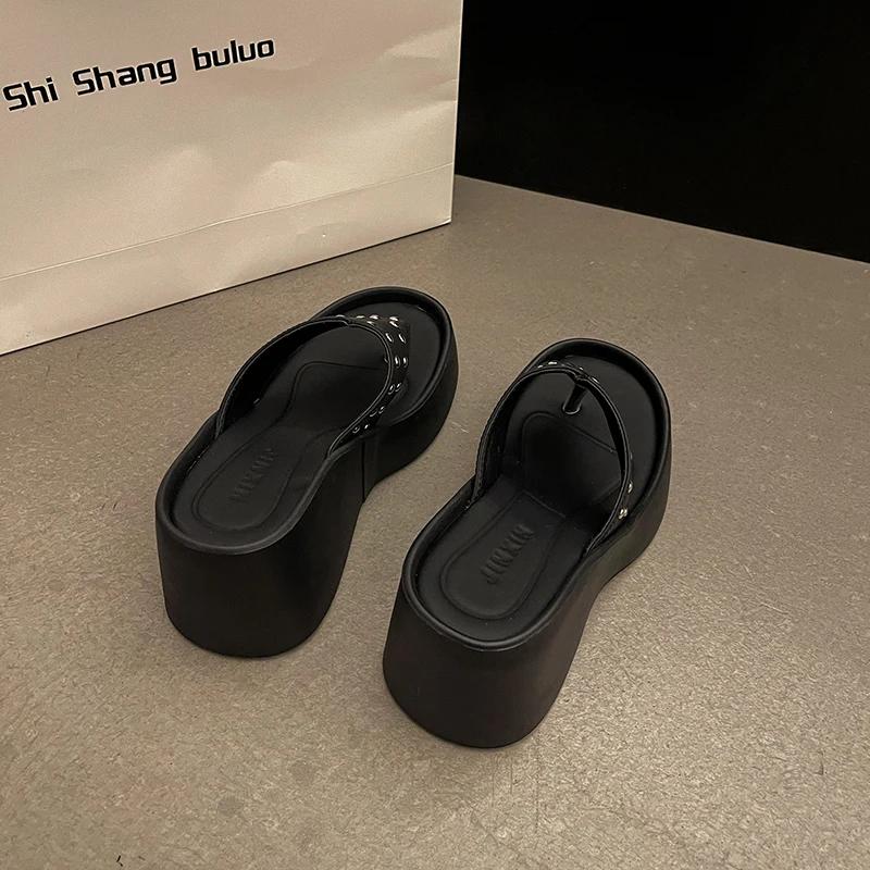 

Летние женские тапочки на толстой подошве, модные элегантные туфли на платформе с застежкой-молнией, на танкетке, женские повседневные пляжные сандалии для отдыха на открытом воздухе 35 чёрный