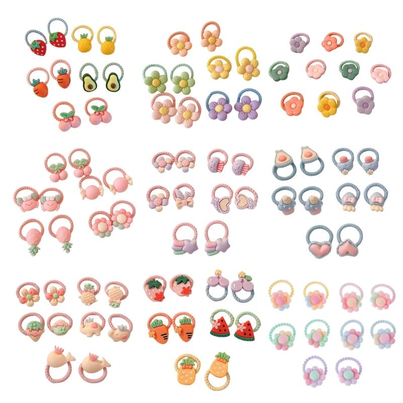 Pack of 10 Cartoon Hair Ties with Fruit/Flower Theme Designs for Little Girl and Children Sprinig Hair Styling Hairband