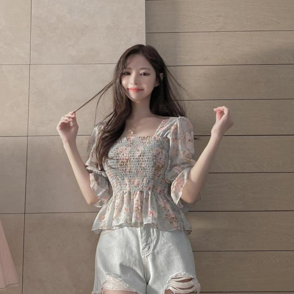 Chiffon-Bluse für Damen Neu Floral Ausgestellte Ärmel Um Brust und Taille gewickelt, um sie schlanker aussehen zu lassen Oberteil für Damen