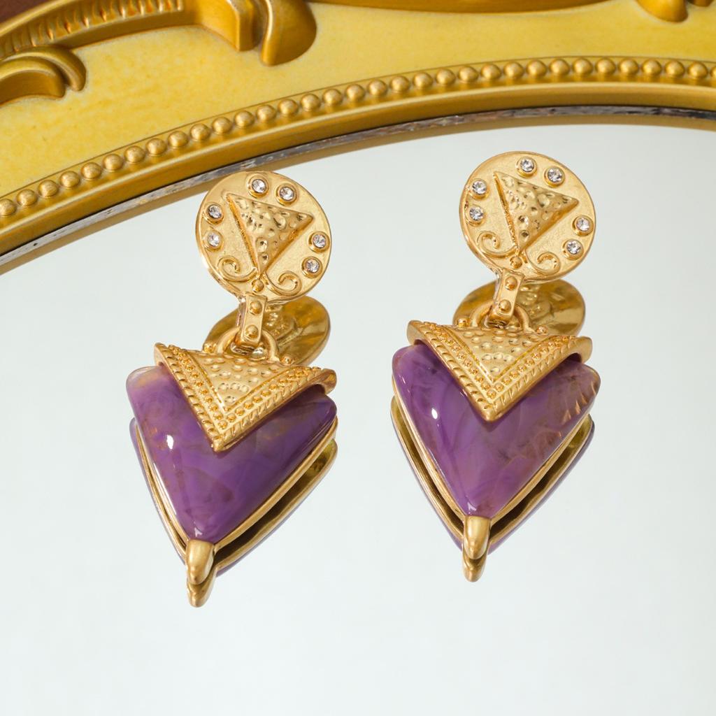 Medieval Palace Style Triangular Jelly Earrings Vintage Niche Temperament Gold-plated