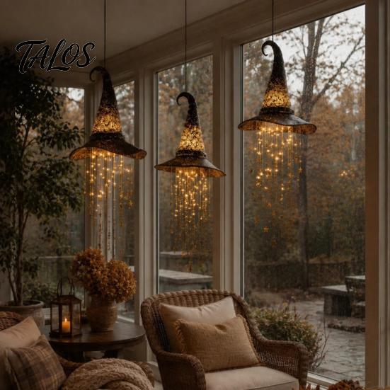 Lightweight Yard Decor Lighted Witch Hat Hanging Halloween Decor, LED Glowing Wizard with Holiday Ornaments Star Tassel Garland, Indoor Outdoor Porch