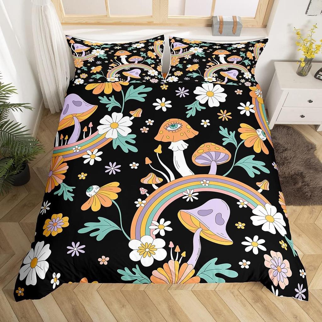 Retro 60S 70S Groovy Flower Duvet Cover,Colorful Hippie Floral Bedding Set Queen,Cartoon Rainbow Mushroom Daisy Comforter Cover