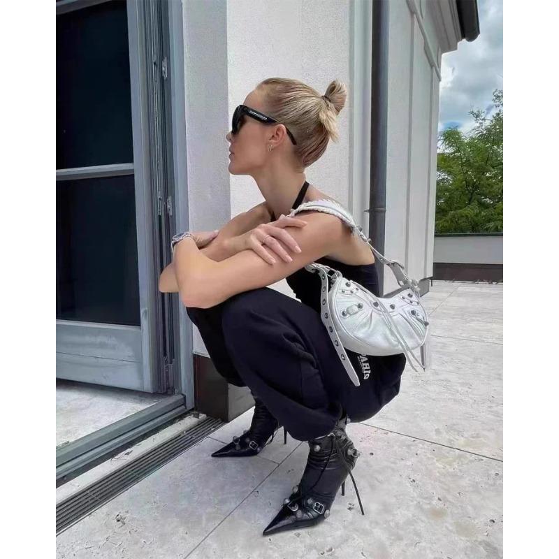 Soleist High Thin Heeled Ankle Boots for Women Metal Decor Rivet Fringed Zip Ppinted Toed Motorcycle Lady Booties Women Shoes