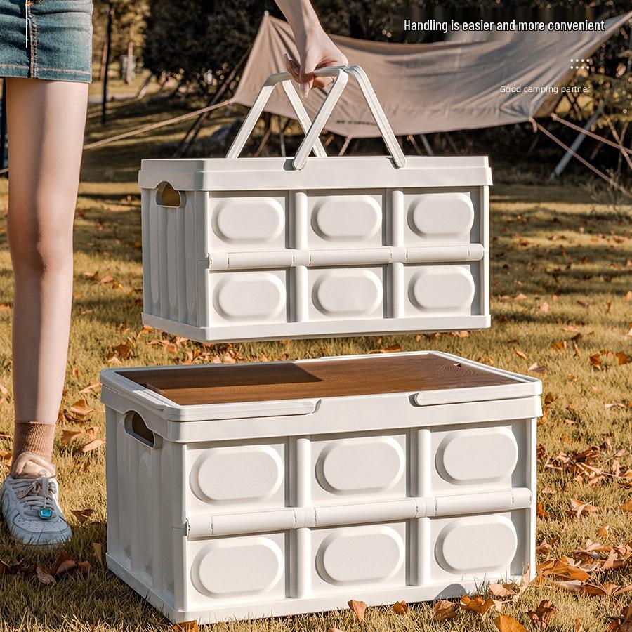 Multi-Functional Folding Camping Box with Wooden Lid: Portable Car & Outdoor Food Storage Suitcase