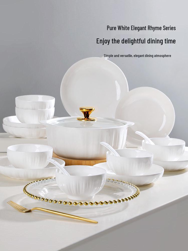 Pure White Ceramic Tableware Set: Dinner Bowls, Rice Bowls, Plates, Dishes, and Double-Ear Soup Bowls for Home Use.