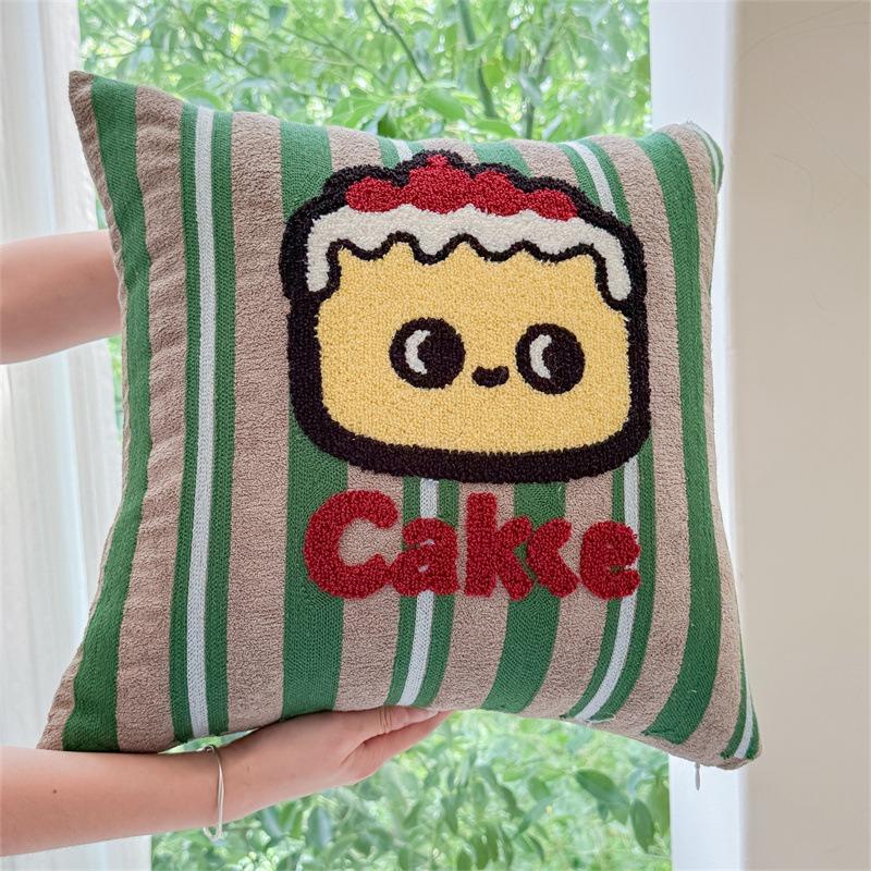 INS Style Green Stripe Pillow Cover Cute Cartoon Apple Dog Embroidery Soft Flock Cushion Cover For Living Room Home Decoration