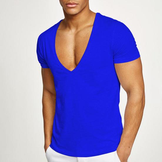 Men T-shirt Deep V Neck Solid Color Slim Fit Pullover Thin Workout Sweat Absorption Mid Length Sports Top Men Clothes