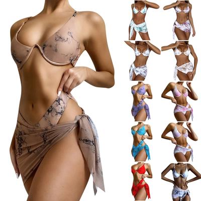 Women's Fashion Two Piece Swimsuit Tie Dye Bikini Set Three Piece Swimsuit with Adjustable Straps and Sarong Cover Up Beachwear