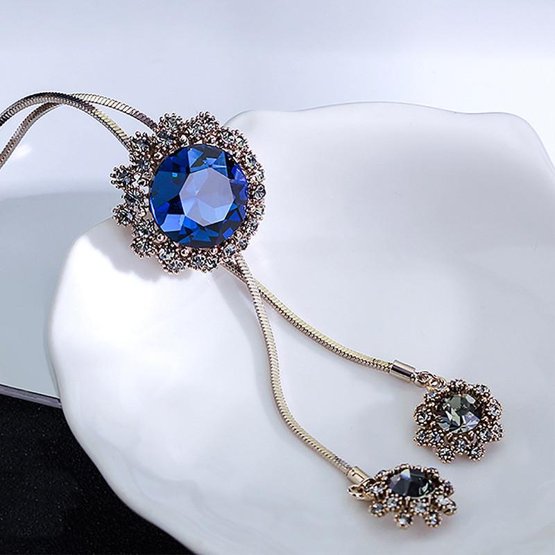 Elegant Korean Style Long Pendant Necklace With Snowflake Crystal And Tassels For Women Gem Blue