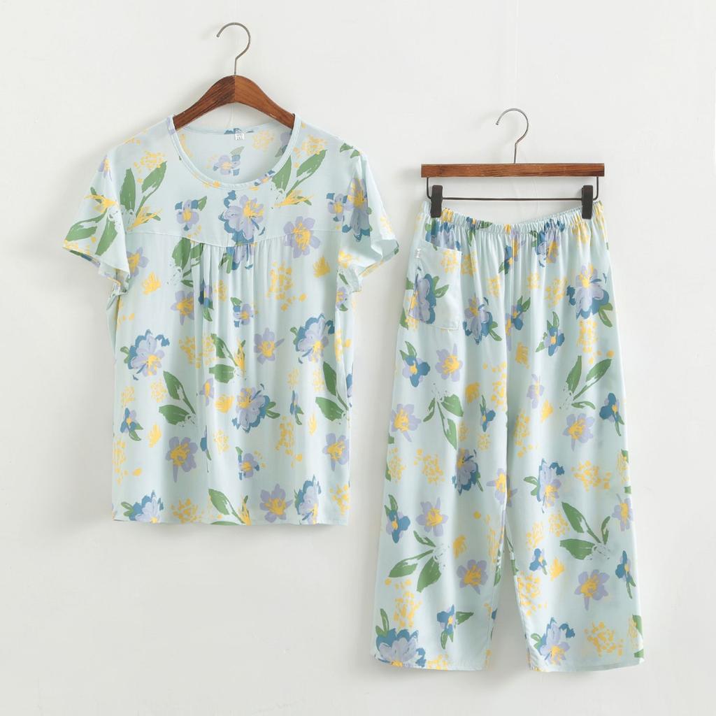 Baumwollseidenset Kurzarm-Caprihose für Damen mittleren Alters und ältere Frauen im Sommer, dünnes Oberteil, cooles Zuhause