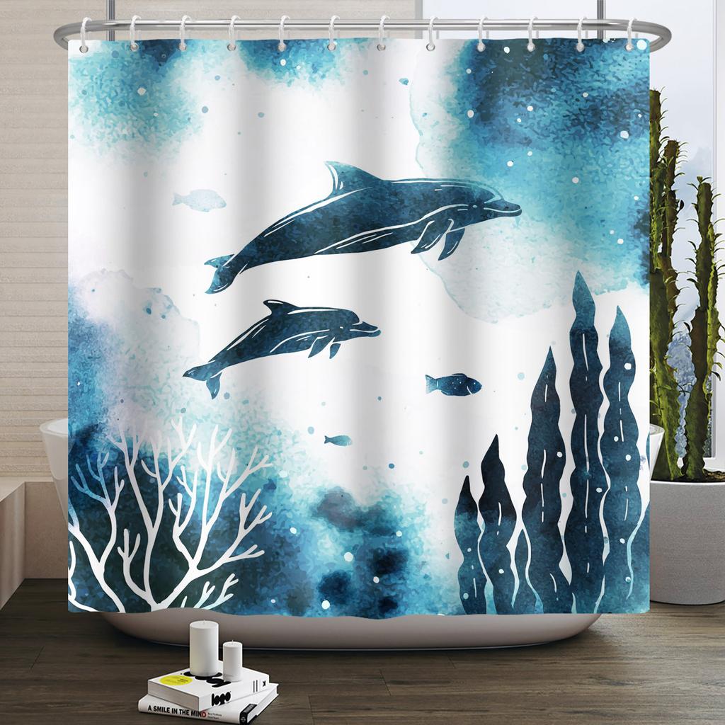 Underwater World Theme Bathroom Shower Curtain Sharks Turtles Jellyfish Decor Waterproof Bathroom Polyester Curtain With Hooks